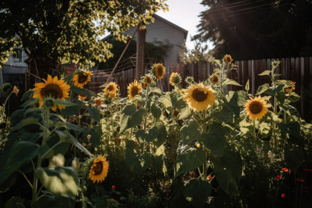 sunflowers in a community garden, with the sun shining down, created with generative aiの素材