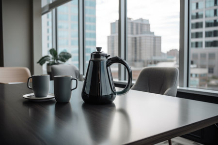 coffeepot and cups on sleek tabletop, with view of modern office, created with generative aiの素材