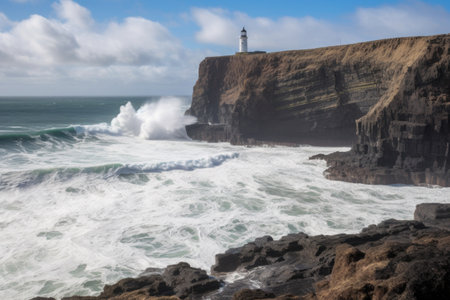 coastal cliff, with waves crashing against the rocks below, and lighthouse in the distance, created with generative aiの素材