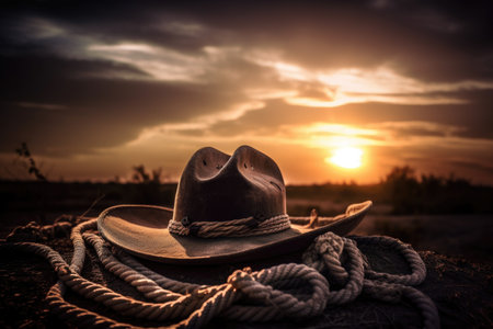 iconic cowboy hat, rope and lasso against sunset sky, created with generative aiの素材