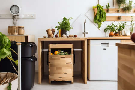 a kitchen with compost bin and worm farm, creating a sustainable ecosystem, created with generative aiの素材