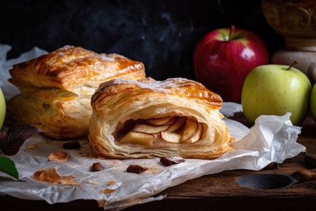 two flaky puff pastries with apples and cinnamon, ready to be baked or fried, created with generative aiの素材