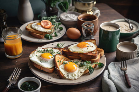 detailed plate of delicious breakfast, with eggs, toast, and coffee, created with generative aiの素材