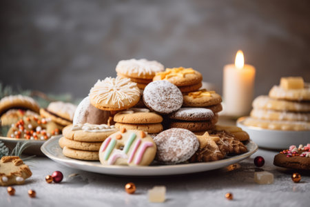 pile of holiday cookies and sweet treats on plate, created with generative aiの素材