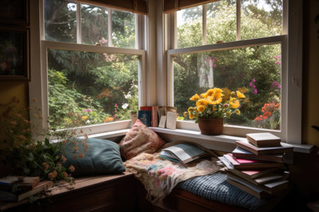 cozy reading nook by the window, with view of blooming flowers and hummingbirds, created with generative aiの素材
