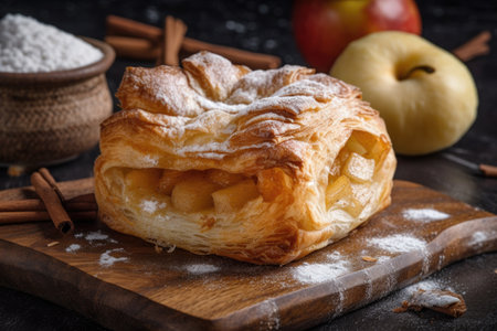flaky puff pastry filled with apple and cinnamon, topped with a touch of sugar, created with generative aiの素材