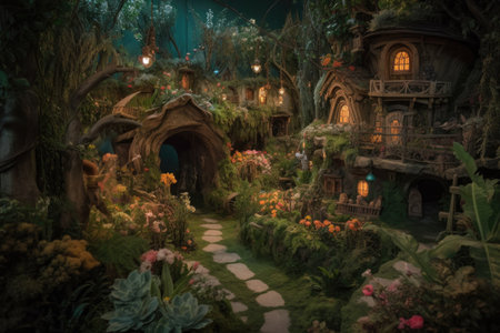 enchanted garden, filled with magical creatures and plants, created with generative aiの素材