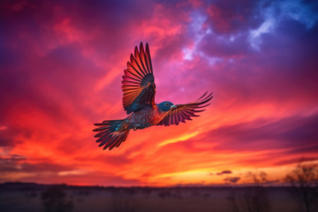 colorful bird flying through vibrant sunset sky, created with generative aiの素材
