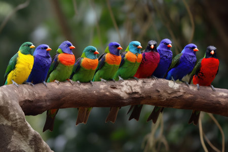 row of colorful birds perched on tree branch, created with generative aiの素材