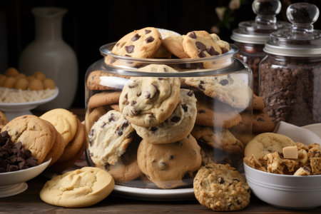 cookie jar overflowing with various types of cookies, including chocolate chip and sugar cookies, created with generative aiの素材