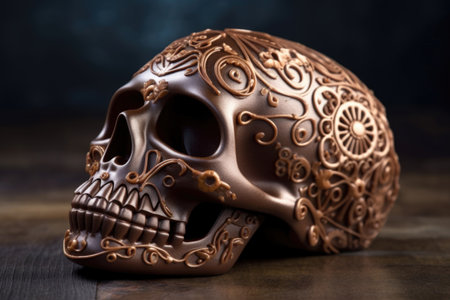 chocolate skull with intricate details on the surface and eye sockets, created with generative aiの素材