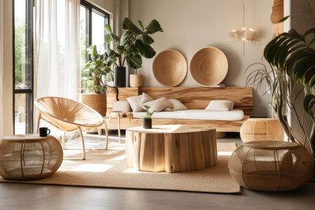 room with eco-friendly decor, featuring unique furniture and natural lighting, created with generative aiの素材