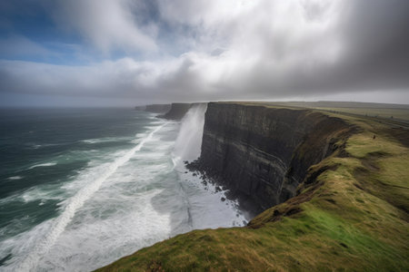 grand coastal cliff with roaring sea below, and misty clouds in the sky, created with generative aiの素材