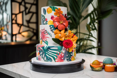 decorative cake with pops of color and tropical pattern, created with generative aiの素材