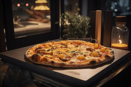 pizzeria with a fusion of italian and japanese ingredients, offering unique pizzas and pastries, created with generative aiの素材