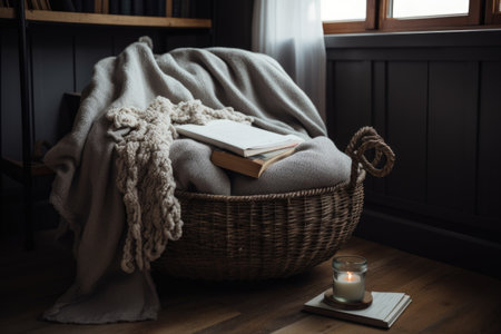 cozy reading nook with basket of books, blanket, and glass of wine, created with generative aiの素材