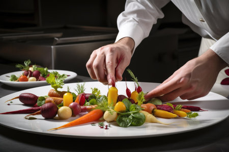 a chef, carefully placing a variety of fresh and colorful vegetables on a plate, created with generative aiの素材