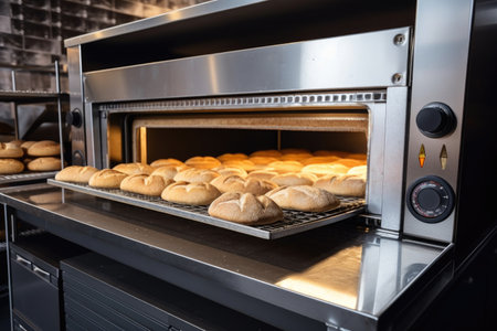 a commercial oven with a heated stone baking tray, ready to bake artisan bread, created with generative aiの素材