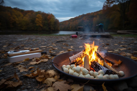 cozy bonfire with smores and marshmallows in the foreground, created with generative aiの素材