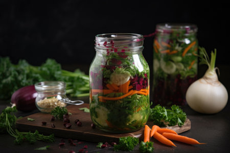 fermented vegetable salad with fresh greens and herbs, created with generative aiの素材