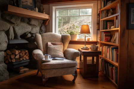 cozy reading nook with armchair, bookshelf, and tea kettle for warm cups of tea, created with generative aiの素材