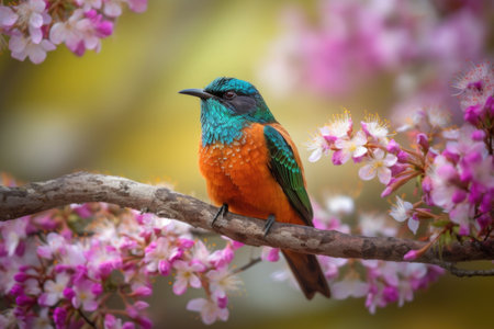 colorful bird resting on tree branch, surrounded by blooming flowers, created with generative aiの素材
