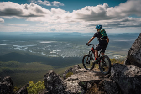 enthusiast mountain biking over rocky terrain with view of the valley below, created with generative aiの素材