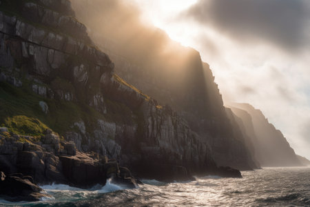 backlit coastal cliffs with streaks of sunlight and clouds, created with generative aiの素材