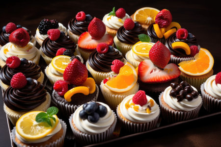 tray of gourmet cupcakes in variety of flavors, garnished with fresh fruit, created with generative aiの素材