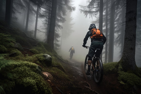 mountain biker riding through misty forest, with view of distant peaks, created with generative aiの素材