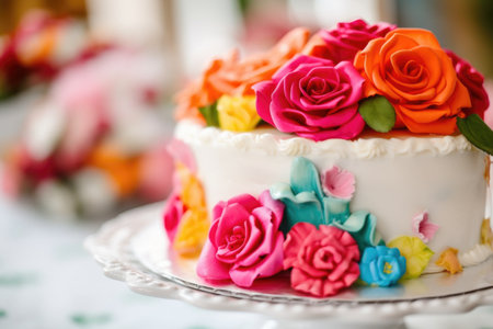 decorative cake with pop of color and roses in the background, created with generative aiの素材