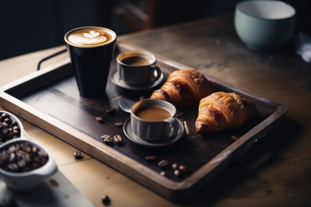 coffee break ritual in industrial workplace, with coffee and pastries on tray, created with generative aiの素材