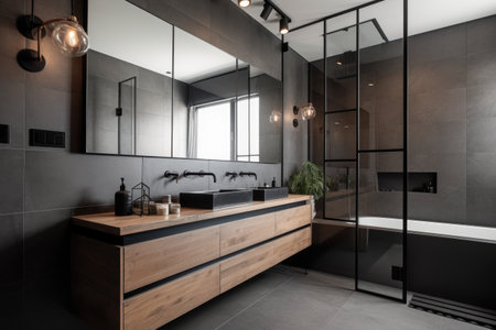 a minimalist bathroom with no clutter, featuring sleek and modern decor, created with generative aiの素材