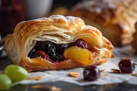 close-up of flaky puff pastry with chunky fruit filling, created with generative aiの素材