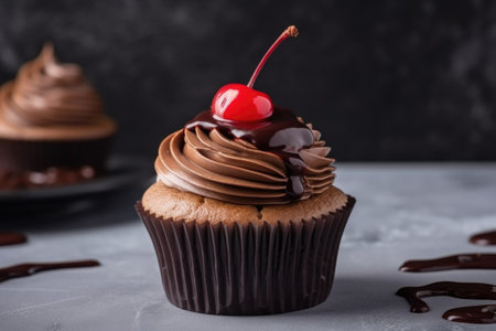 classic cupcake with chocolate frosting and cherry on top, created with generative aiの素材