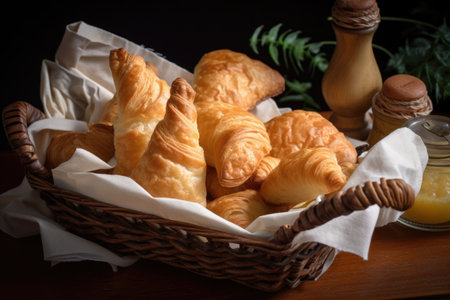 basket of flaky puff pastries and turnovers, ready to be enjoyed by sweet tooths, created with generative aiの素材