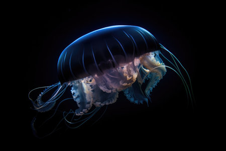 deep-sea jellyfish drifting along in the darkness, with its bioluminescent tentacles glowing, created with generative aiの素材