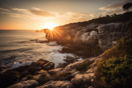 the sun setting over a picturesque coastal cliff, with the rocks and ocean in the background, created with generative aiの素材