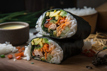 sushi burrito, with fusion of japanese and mexican flavors, created with generative aiの素材