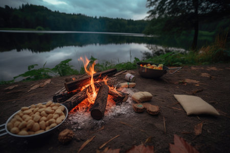 campfire with (smores, marshmallows and graham crackers for roasting) next to lakeside cabin, created with generative aiの素材