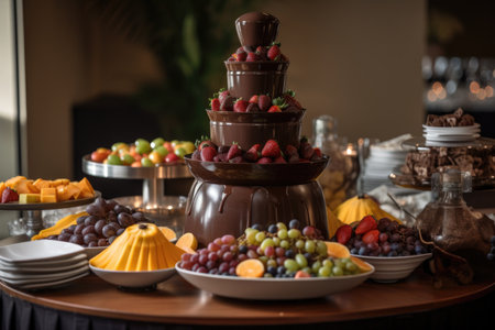 chocolate fountain surrounded by plates of fruit and pastries for a sweet and savory combination, created with generative aiの素材