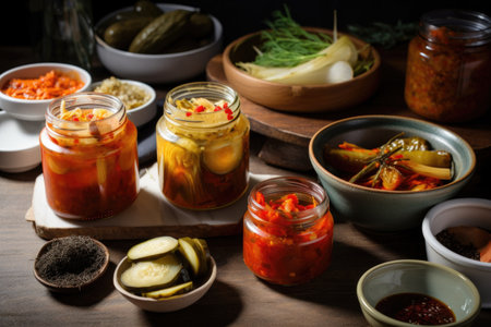 fermented foods feast, with bowls of tangy kimchi and jars of zesty pickles, created with generative aiの素材