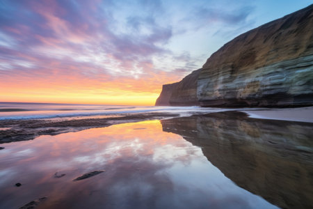 sunrise over a serene coastal cliff, with watercolor sky and reflected colors, created with generative aiの素材
