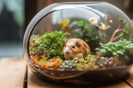 close-up of a guinea pigs terrarium, with colorful plants and natural decorations, created with generative aiの素材