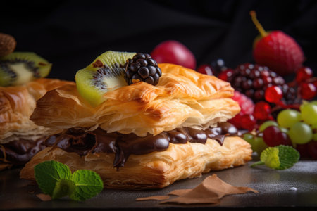 delicious flaky puff pastry filled with fruits, cream and chocolate, created with generative aiの素材