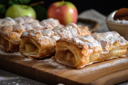 flaky puff pastry filled with apple and cinnamon, topped with a touch of sugar, created with generative aiの素材