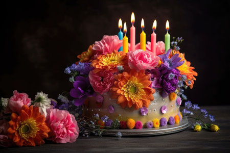 birthday cake with colorful birthday candles and flower bouquet, created with generative aiの素材