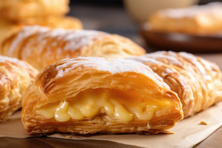 delectable turnover filled with sweet custard and topped with crunchy, golden pastry crust, created with generative aiの素材