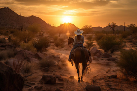 cowgirl, with her trusty steed and cowboy hat, leading the way into sunset, created with generative aiの素材