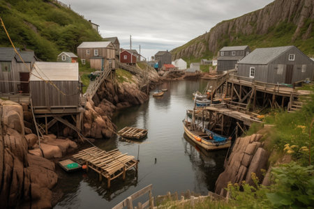 quaint fishing village with wooden docks and boats along rugged cliffside, created with generative aiの素材